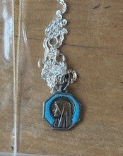 Vintage Blue Enamel Lady of Lourdes  Medal Necklace V87