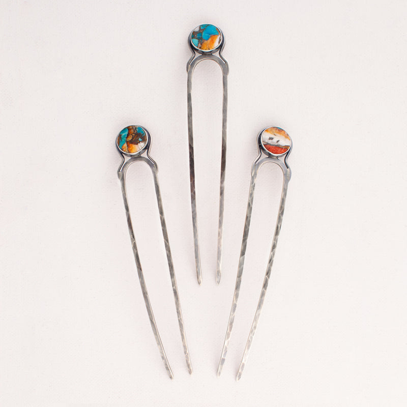 Blue Moon Hair Pin - Spiny Oyster Turquoise & Antiqued Sterling