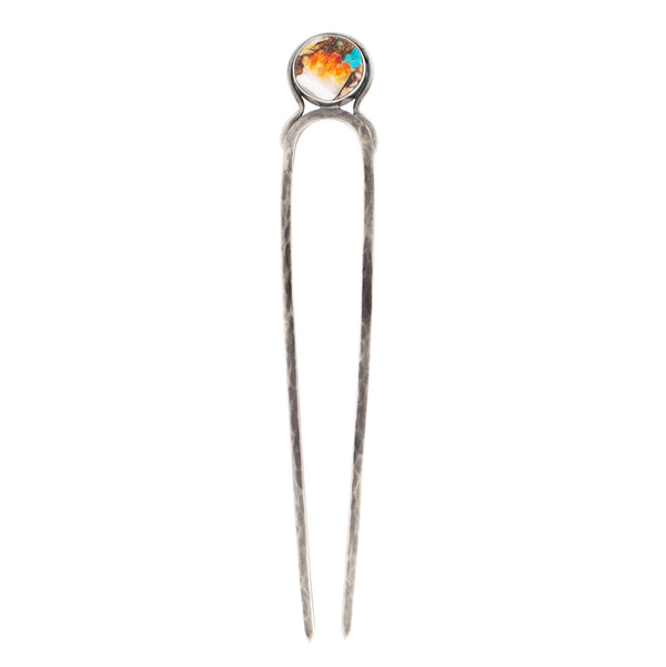 Blue Moon Hair Pin in Spiny Oyster Turquoise & Antiqued Sterling
