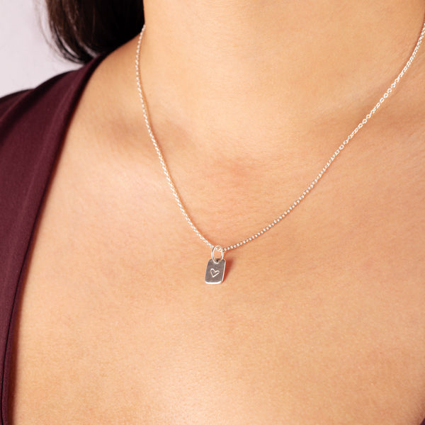 Hand-Stamped Heart Necklace in Silver - Rectangle