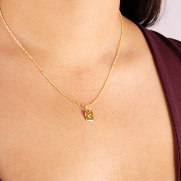 Hand-Stamped Heart Necklace - Rectangle - Gold