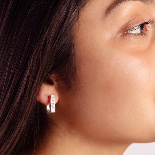 Rectangle Stone Clicker Hoops in Moonstone & Silver