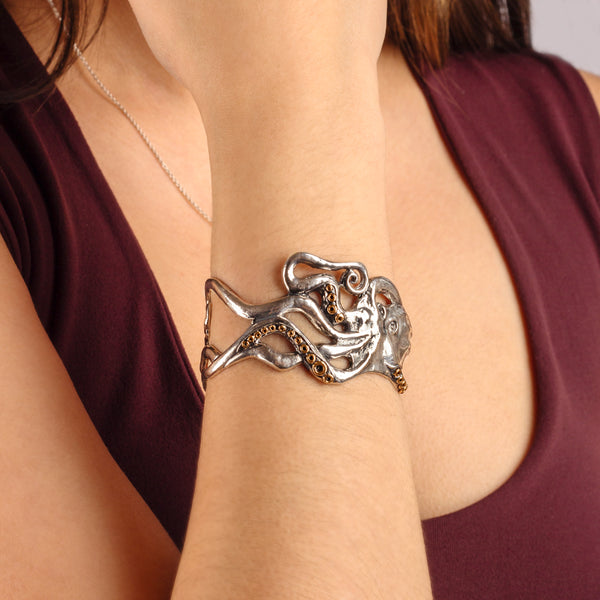 Octopus Cuff Bracelet in Silver with Bronze Accents