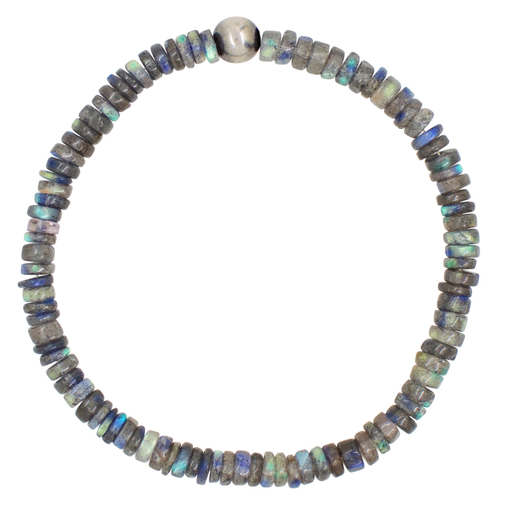 Stone & Sterling Stretch Bracelet in Labradorite Heishi- Unisex Sizing