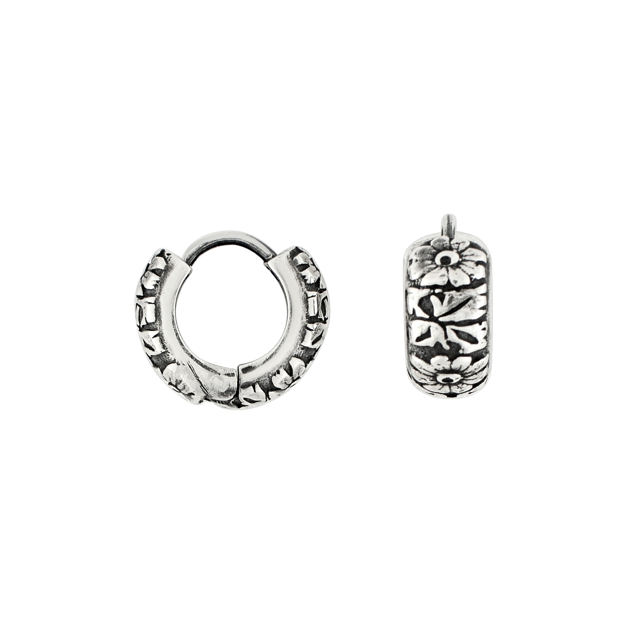 Carved Floral Clicker Huggies in Antiqued Silver