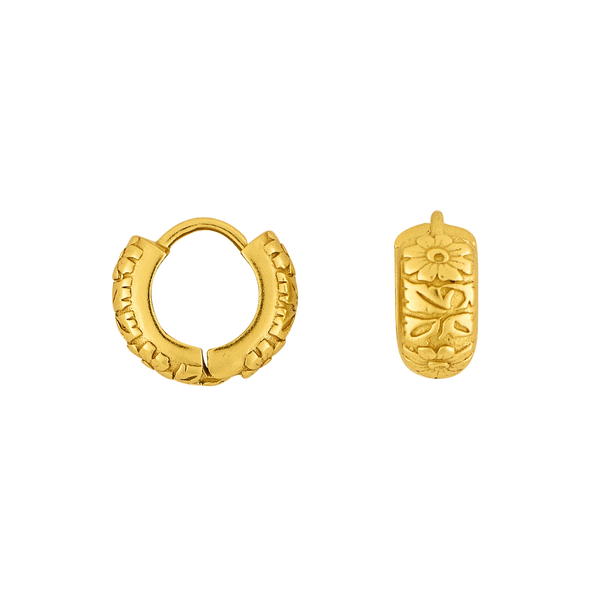 Carved Floral Clicker Huggies in Gold