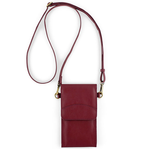 On the Move Leather Phone Bag in Bordeaux Red