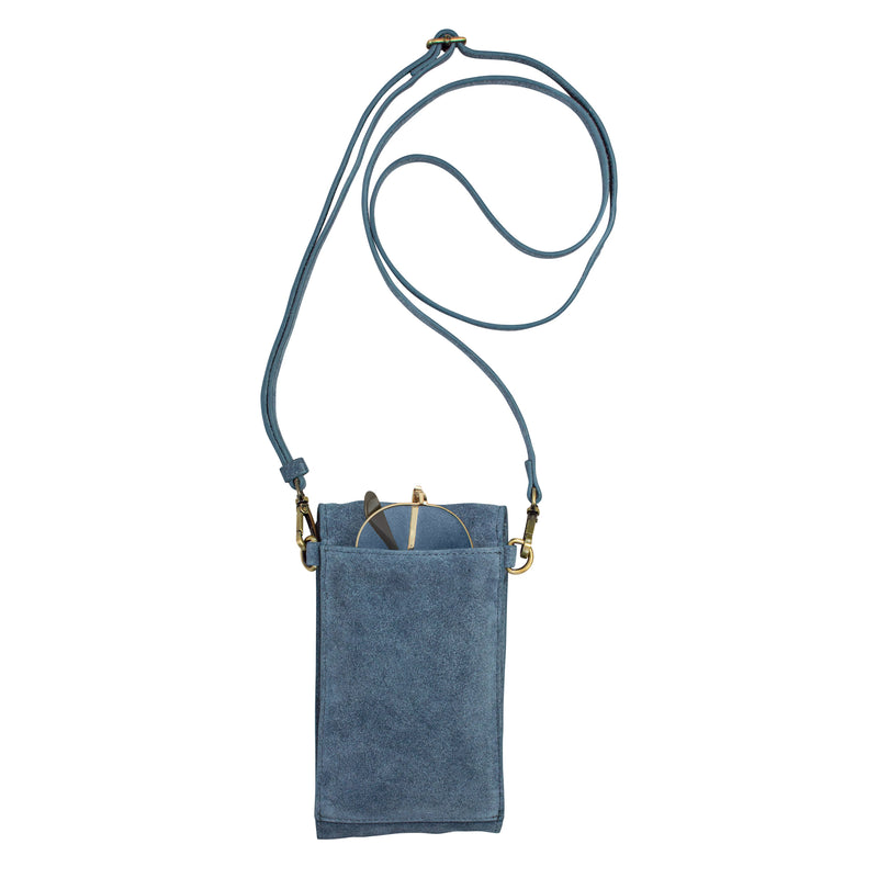 On the Move Leather Phone Bag in Dusty Blue Suede  | Available to Ship May 20, 2025