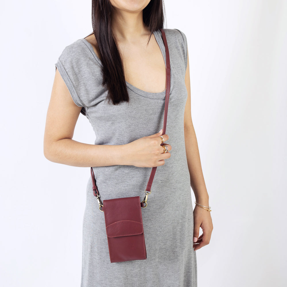 On the Move Leather Phone Bag in Bordeaux Red | Available to Ship September 10, 2025