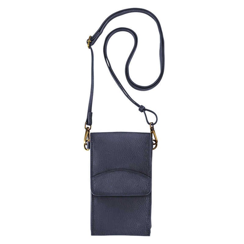 On the Move Leather Phone Bag in Navy Blue