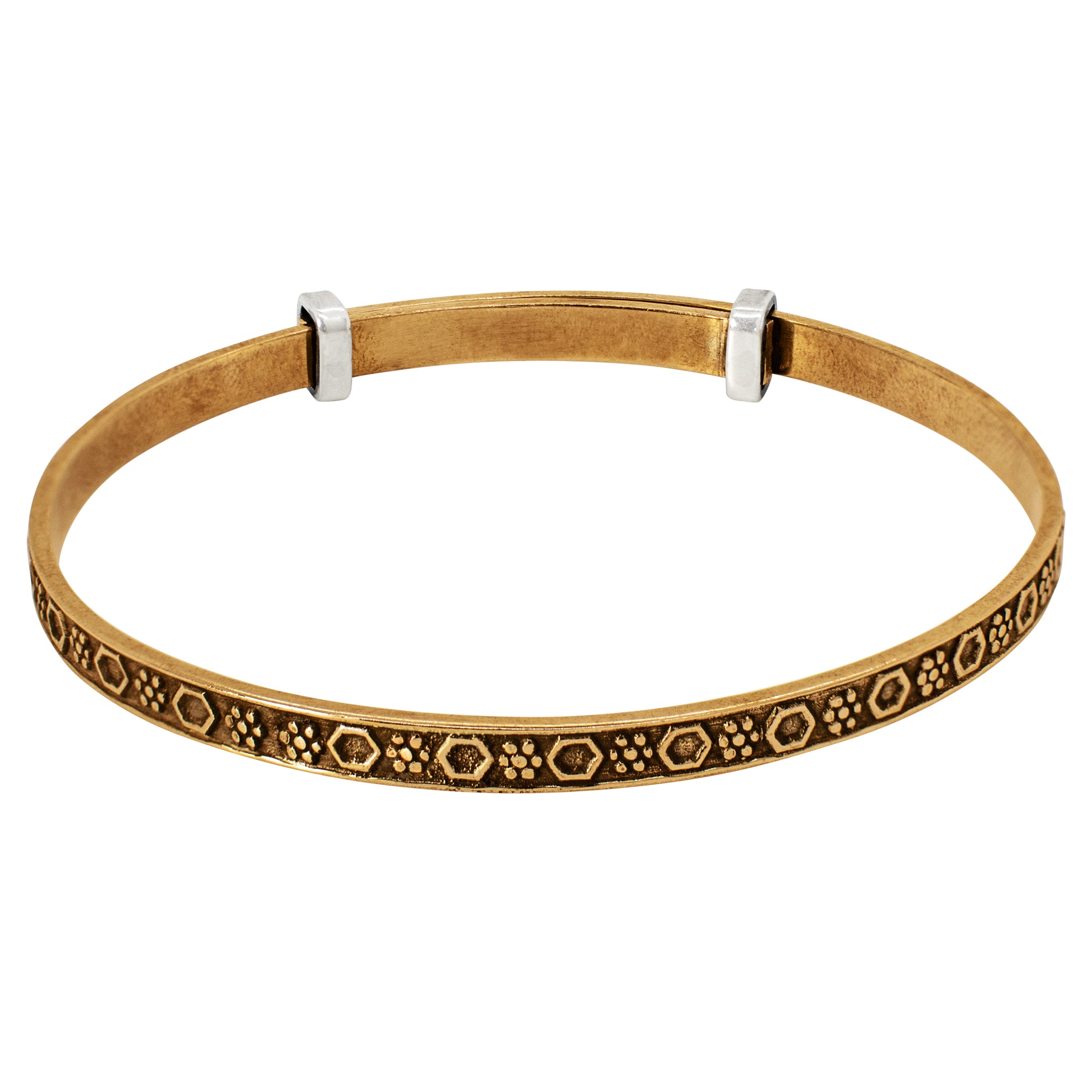 Cinching Belt Bangle in Antiqued Bronze - Geo Floral Pattern