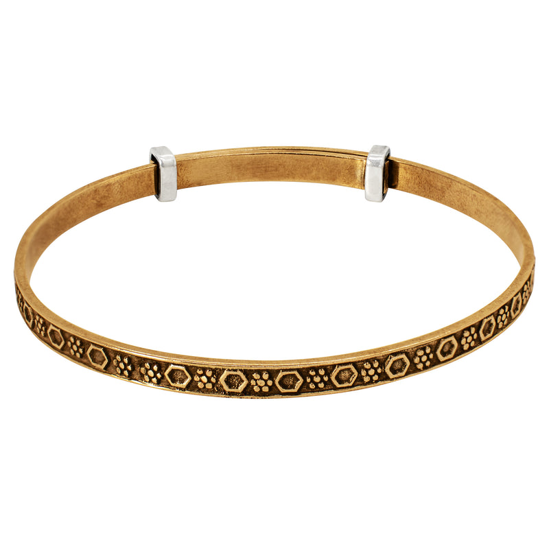 Cinching Belt Bangle in Antiqued Bronze - Geo Floral Pattern
