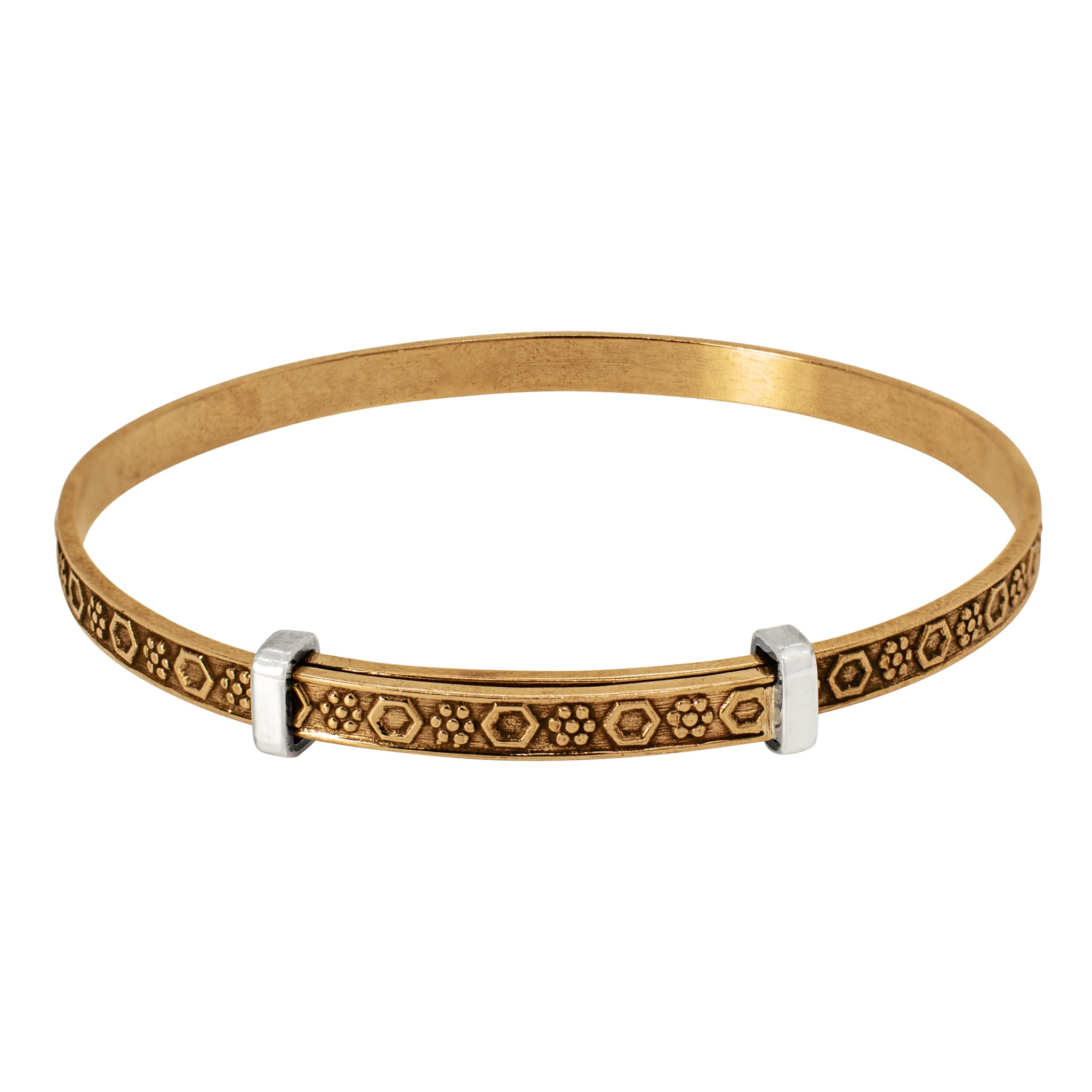 Cinching Belt Bangle in Antiqued Bronze - Geo Floral Pattern