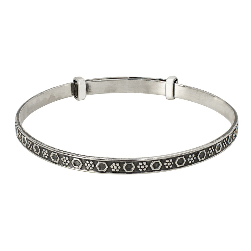 Cinching Belt Bangle in Antiqued Silver - Geo Floral Pattern