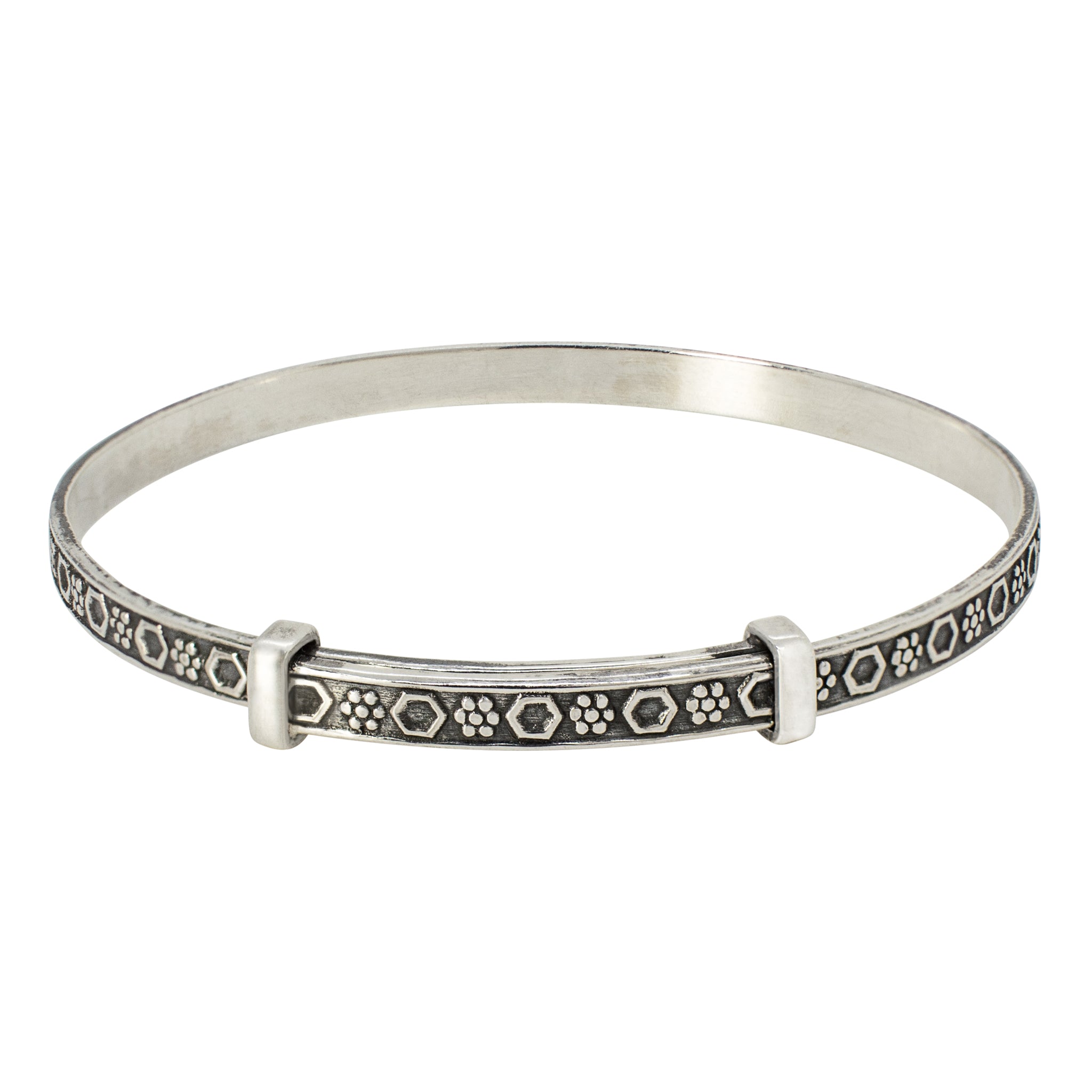 Cinching Belt Bangle in Antiqued Silver - Geo Floral Pattern
