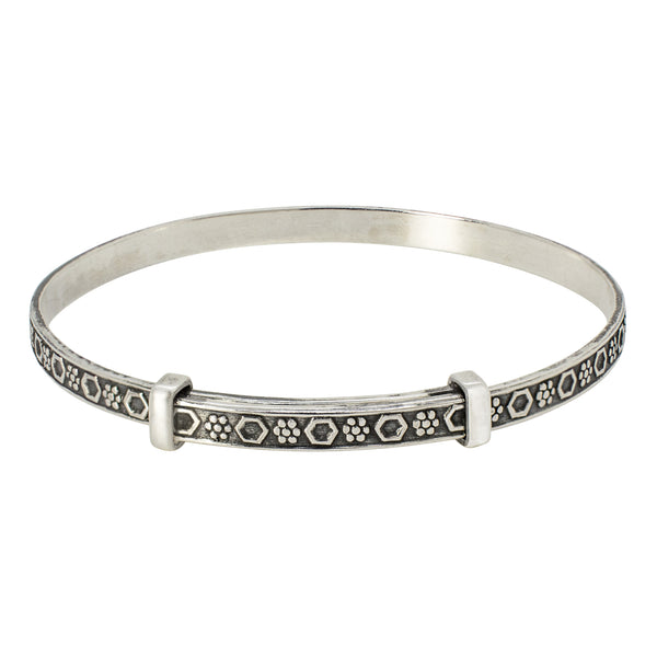 Cinching Belt Bangle in Antiqued Silver - Geo Floral Pattern