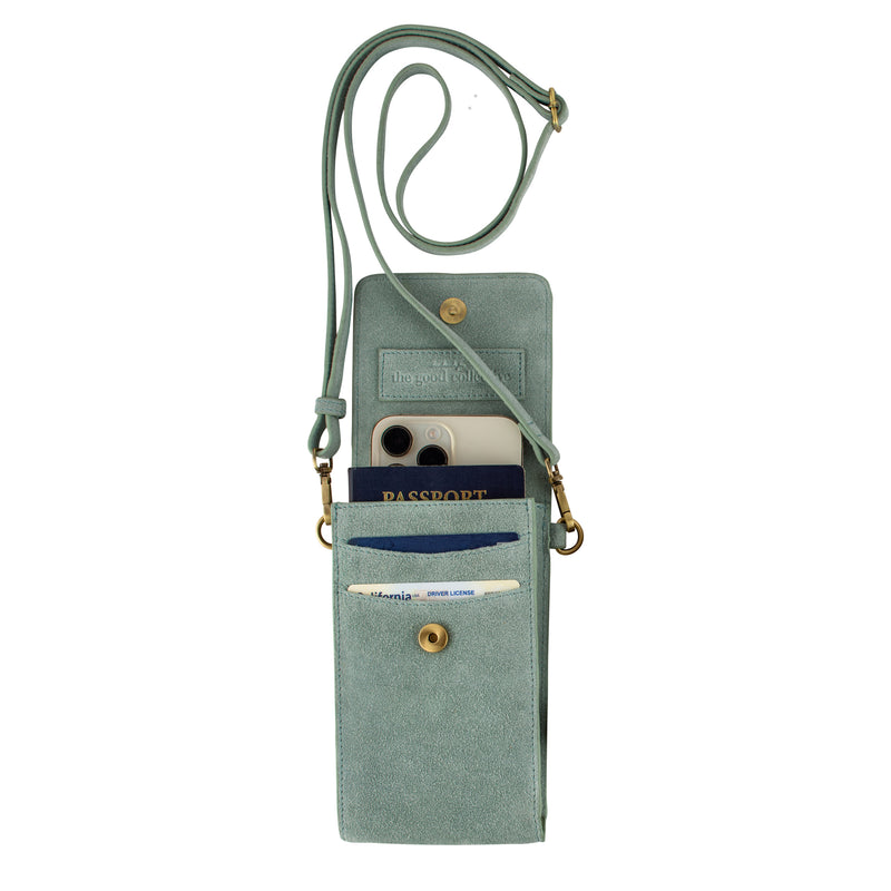 On the Move Leather Phone Bag in Sea Glass Suede  | Available to Ship May 20, 2025