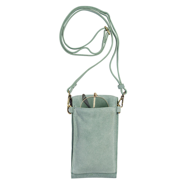 On the Move Leather Phone Bag in Sea Glass Suede  | Available to Ship May 20, 2025