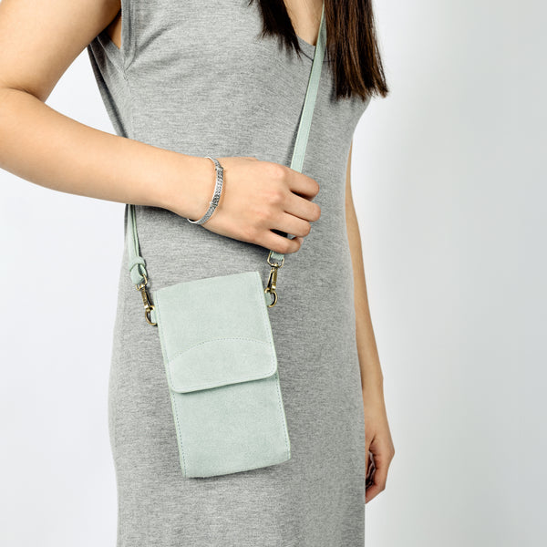 On the Move Leather Phone Bag in Sea Glass Suede  | Available to Ship May 20, 2025