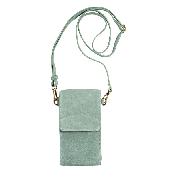 On the Move Leather Phone Bag in Sea Glass Suede  | Available to Ship May 20, 2025