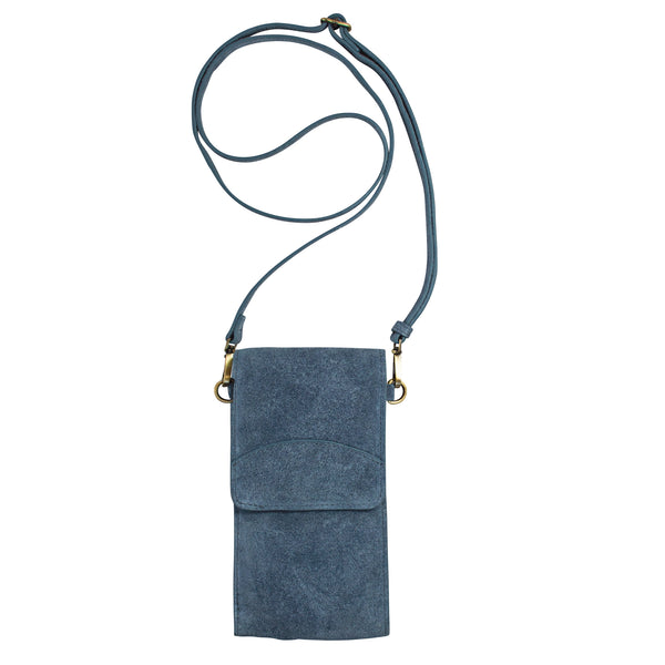 On the Move Leather Phone Bag in Dusty Blue Suede  | Available to Ship May 20, 2025