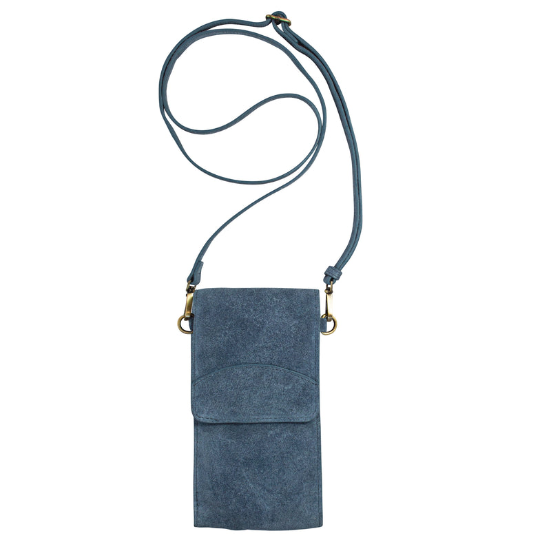 On the Move Leather Phone Bag in Dusty Blue Suede  | Available to Ship May 20, 2025