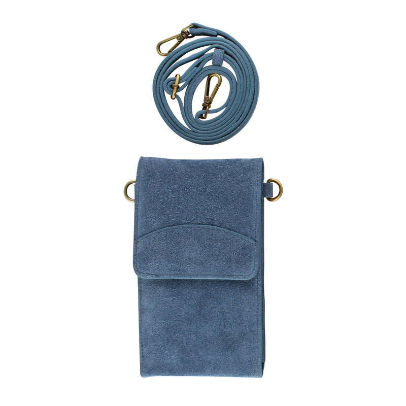 On the Move Leather Phone Bag in Dusty Blue Suede  | Available to Ship May 20, 2025