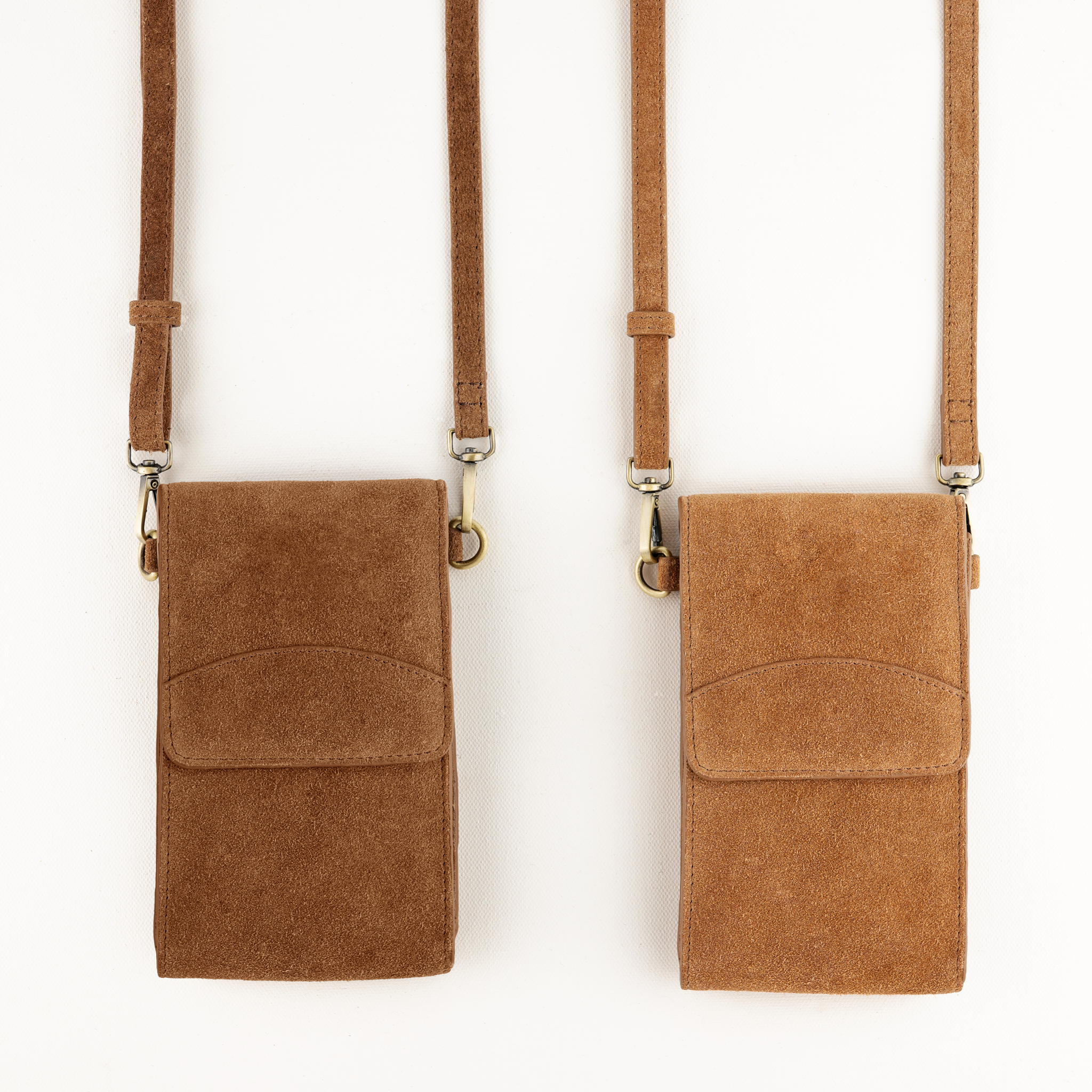 On the Move Leather Phone Bag in Chestnut Brown Suede