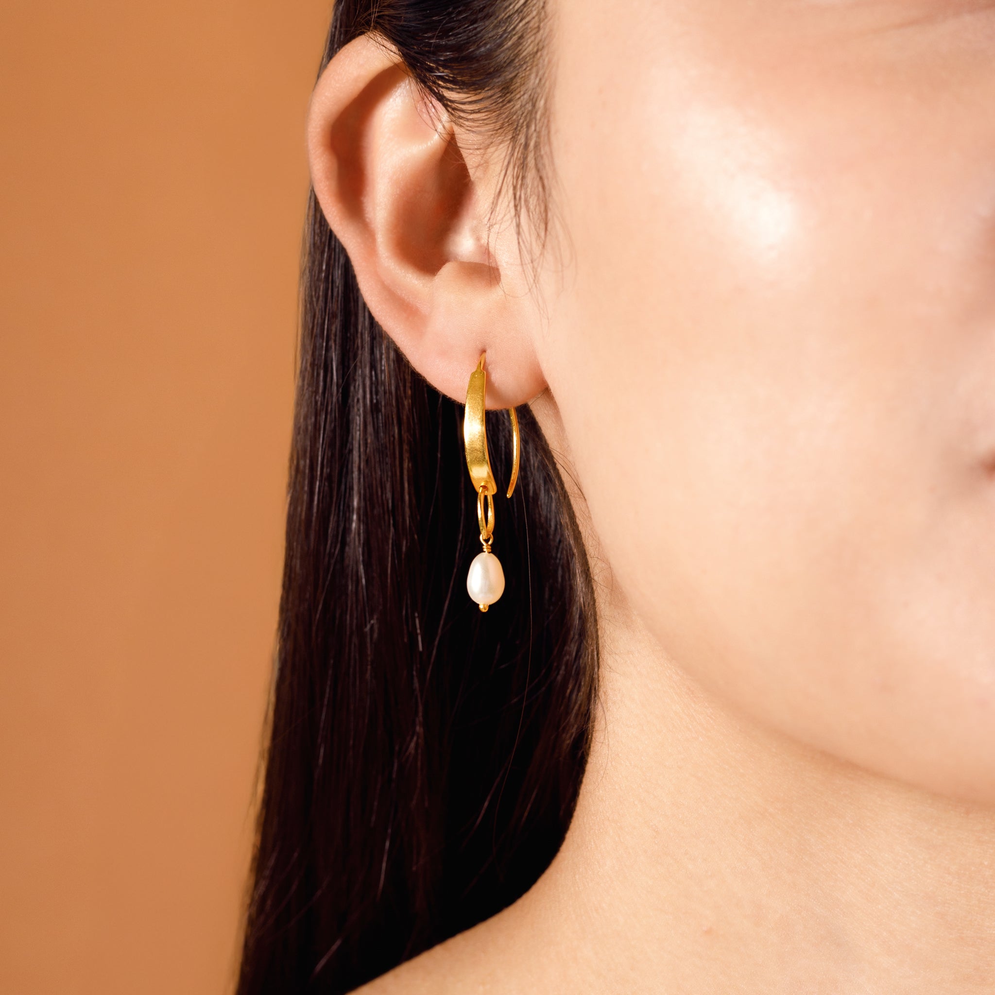 Stone Drop Crescent Earrings in Pearl & Gold