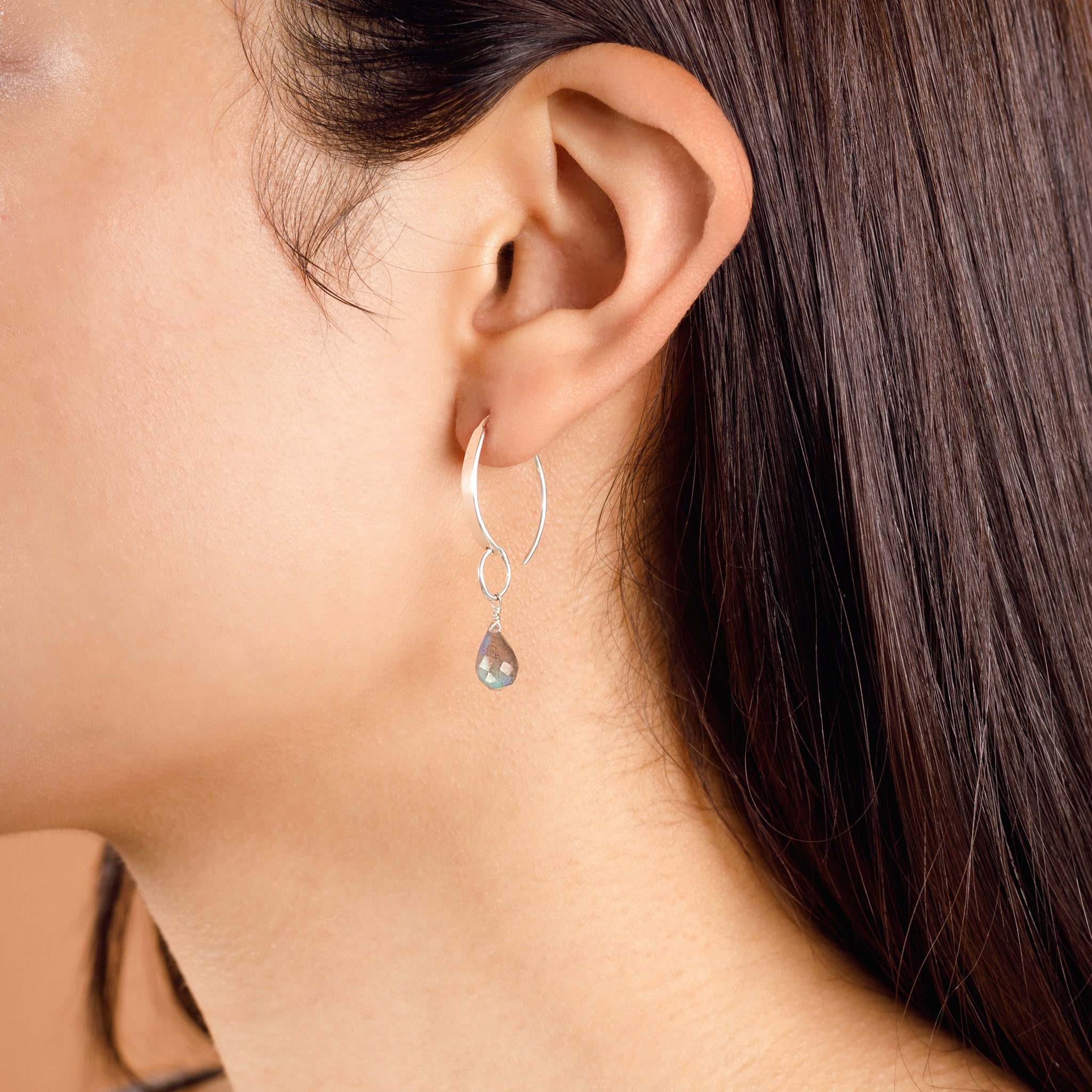 Stone Drop Crescent Earrings in Labradorite & Silver