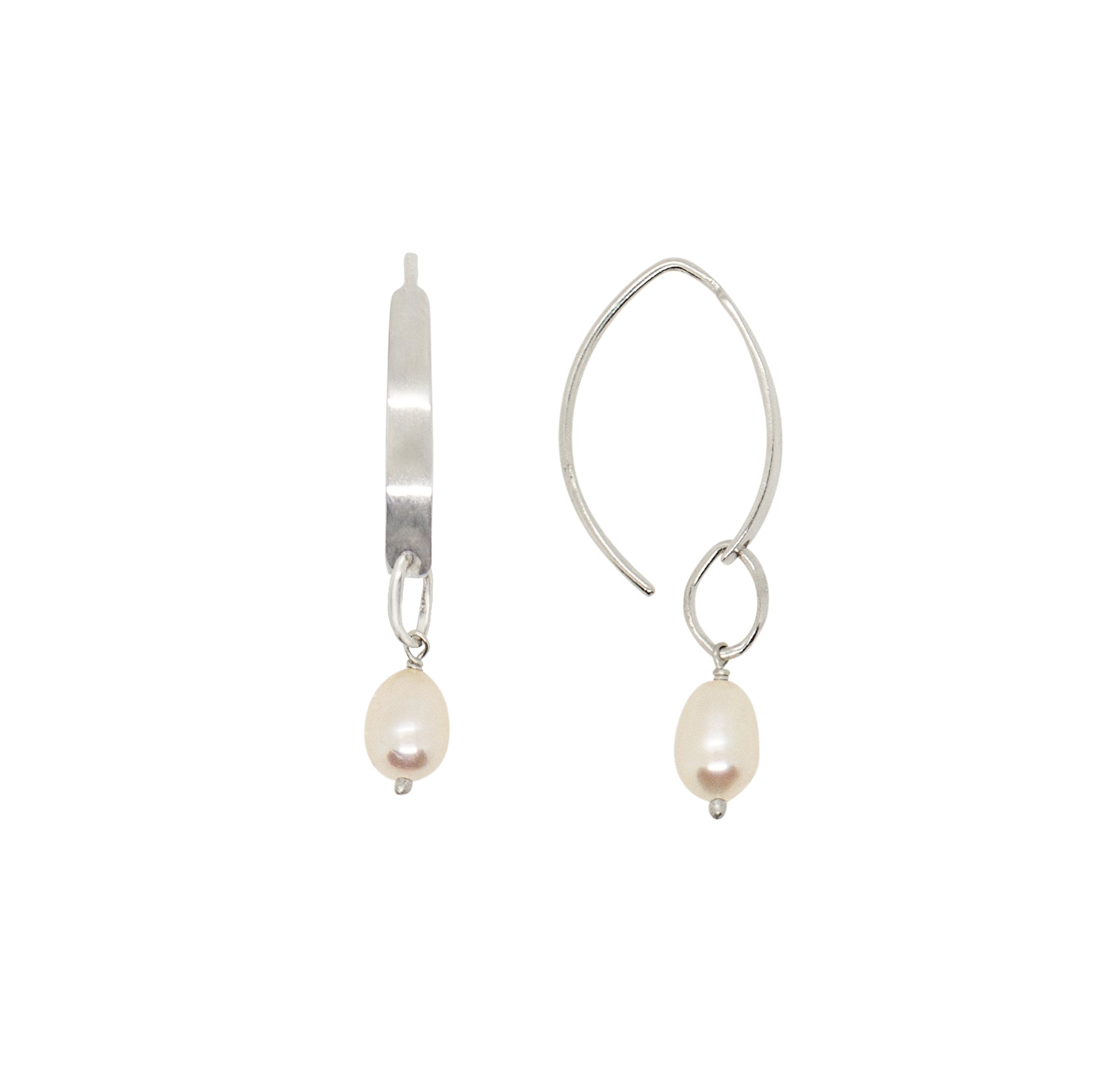 Stone Drop Crescent Earrings in Pearl & Silver