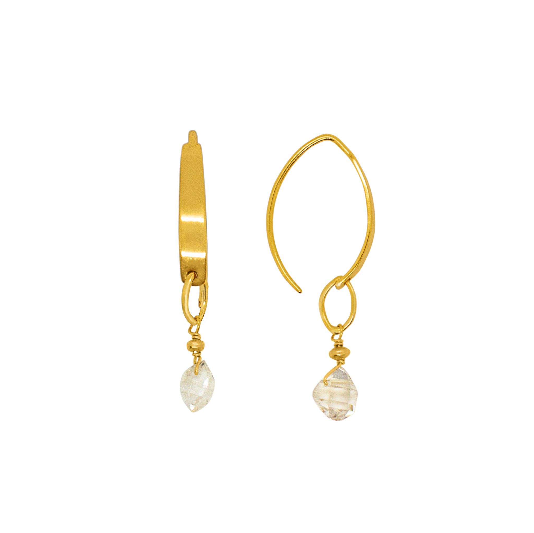 Stone Drop Crescent Earrings in Herkimer & Gold