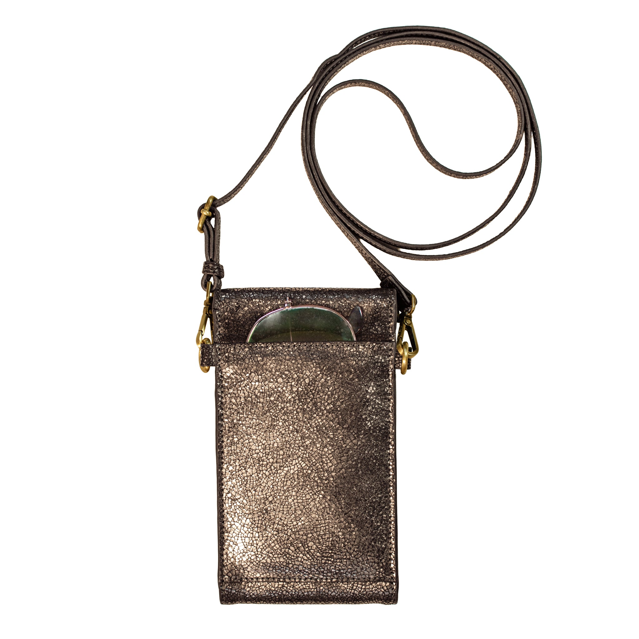 On the Move Leather Phone Bag in Metallic Bronze
