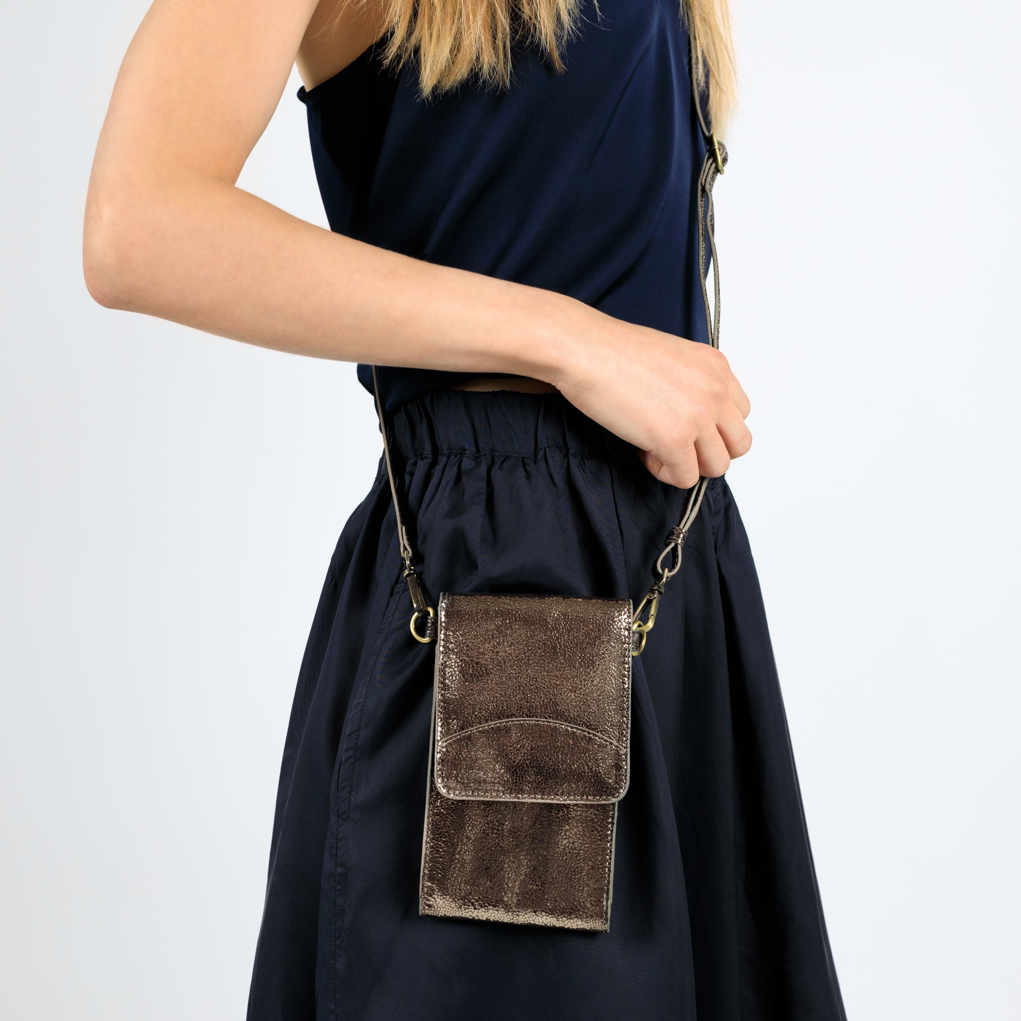 On the Move Leather Phone Bag in Metallic Bronze