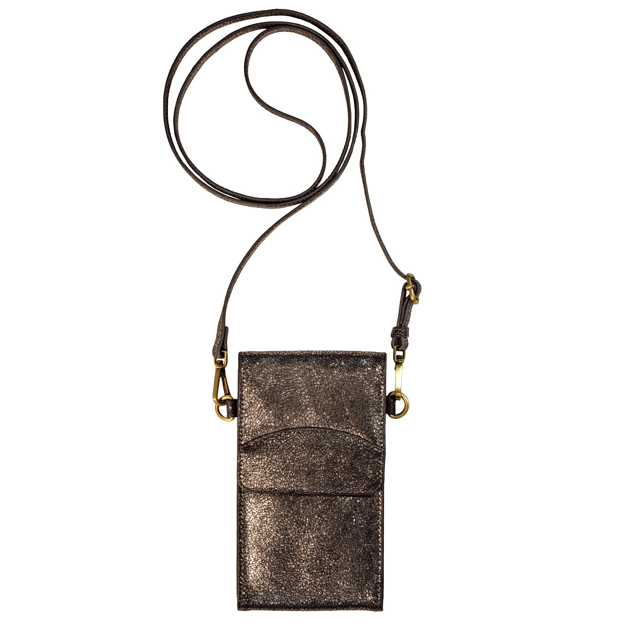 On the Move Leather Phone Bag in Metallic Bronze