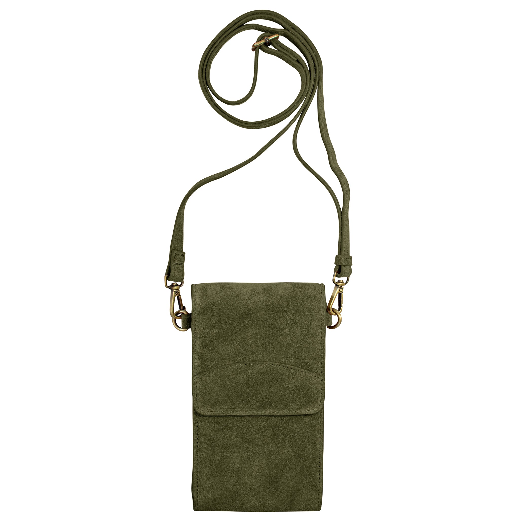 On the Move Leather Phone Bag in Olive Green Suede | Available to Ship November 4, 2025