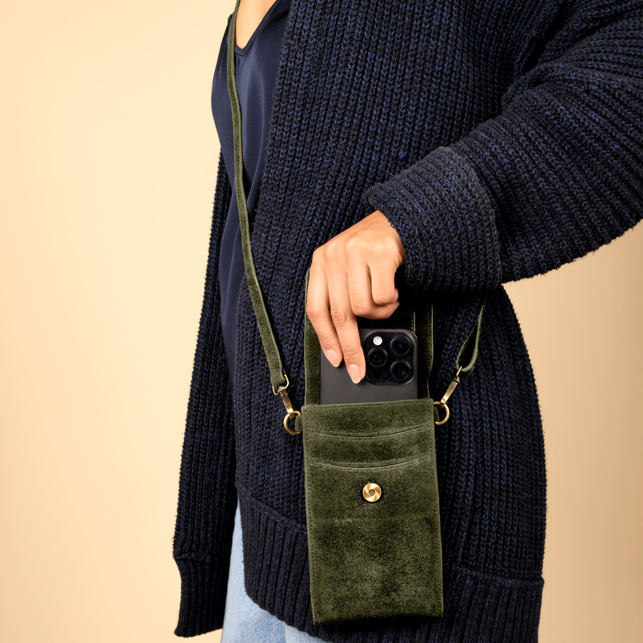 On the Move Leather Phone Bag in Olive Green Suede