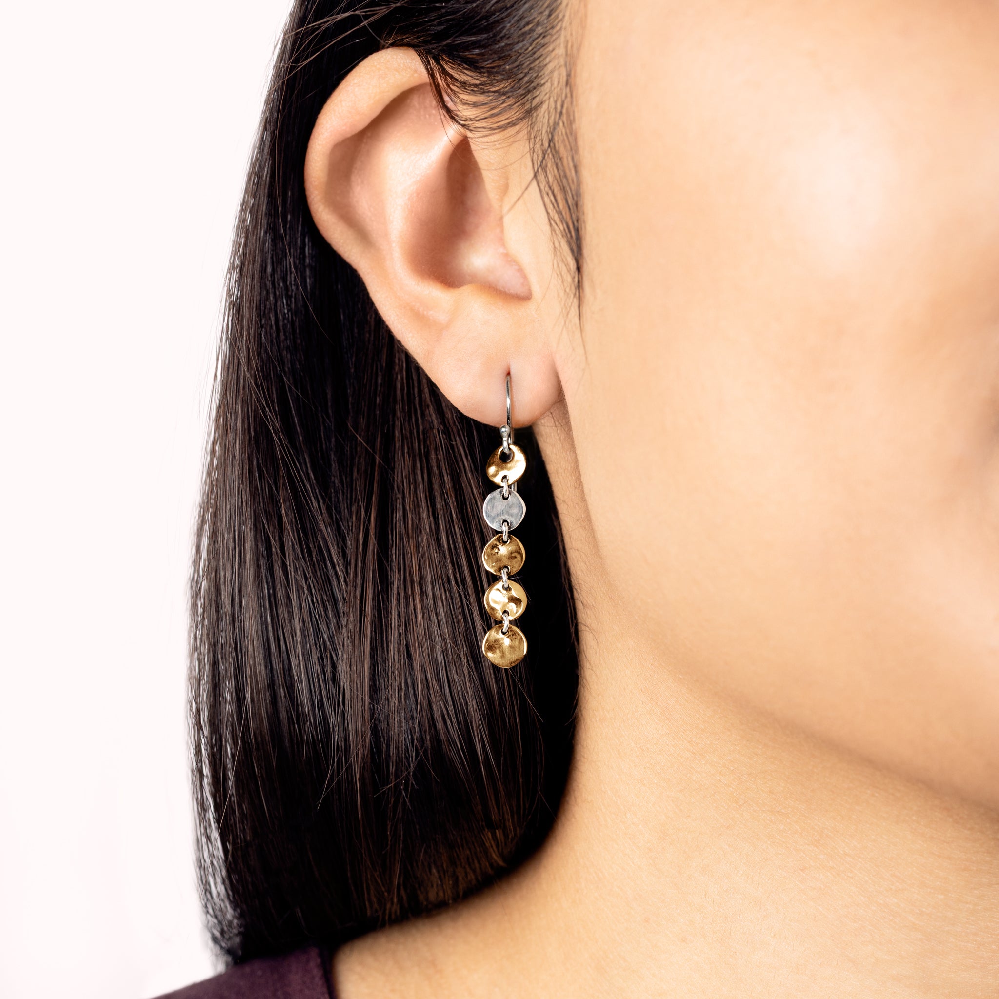Linked Moon Drop Earrings in Silver & Bronze