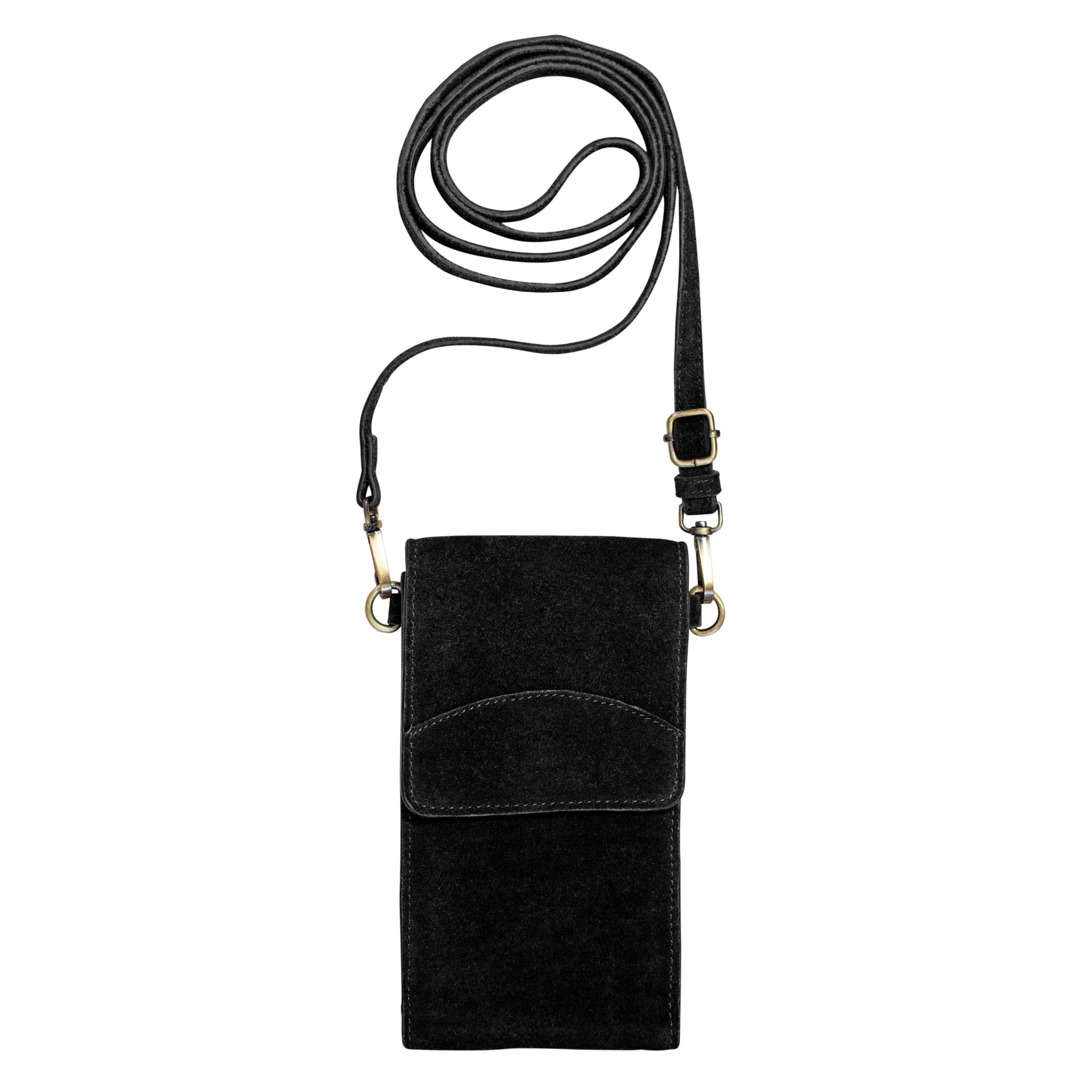On the Move Leather Phone Bag in Black Suede | Available to Ship November 14, 2025