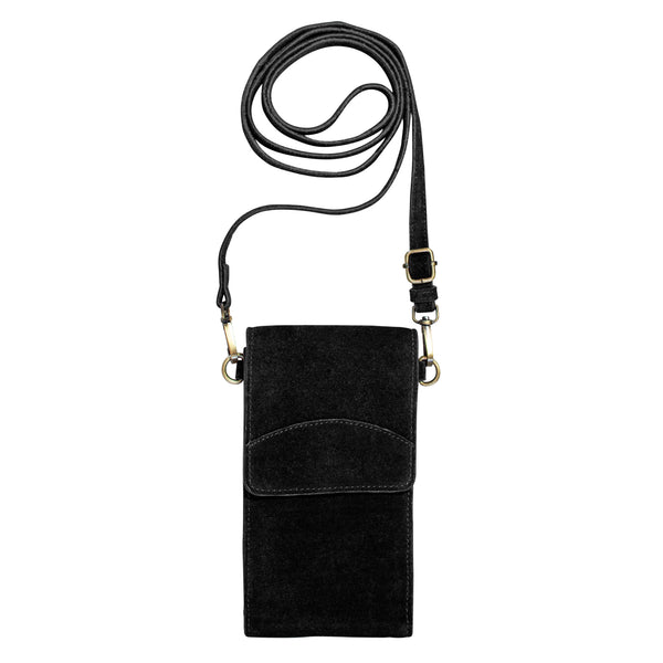 On the Move Leather Phone Bag in Black Suede
