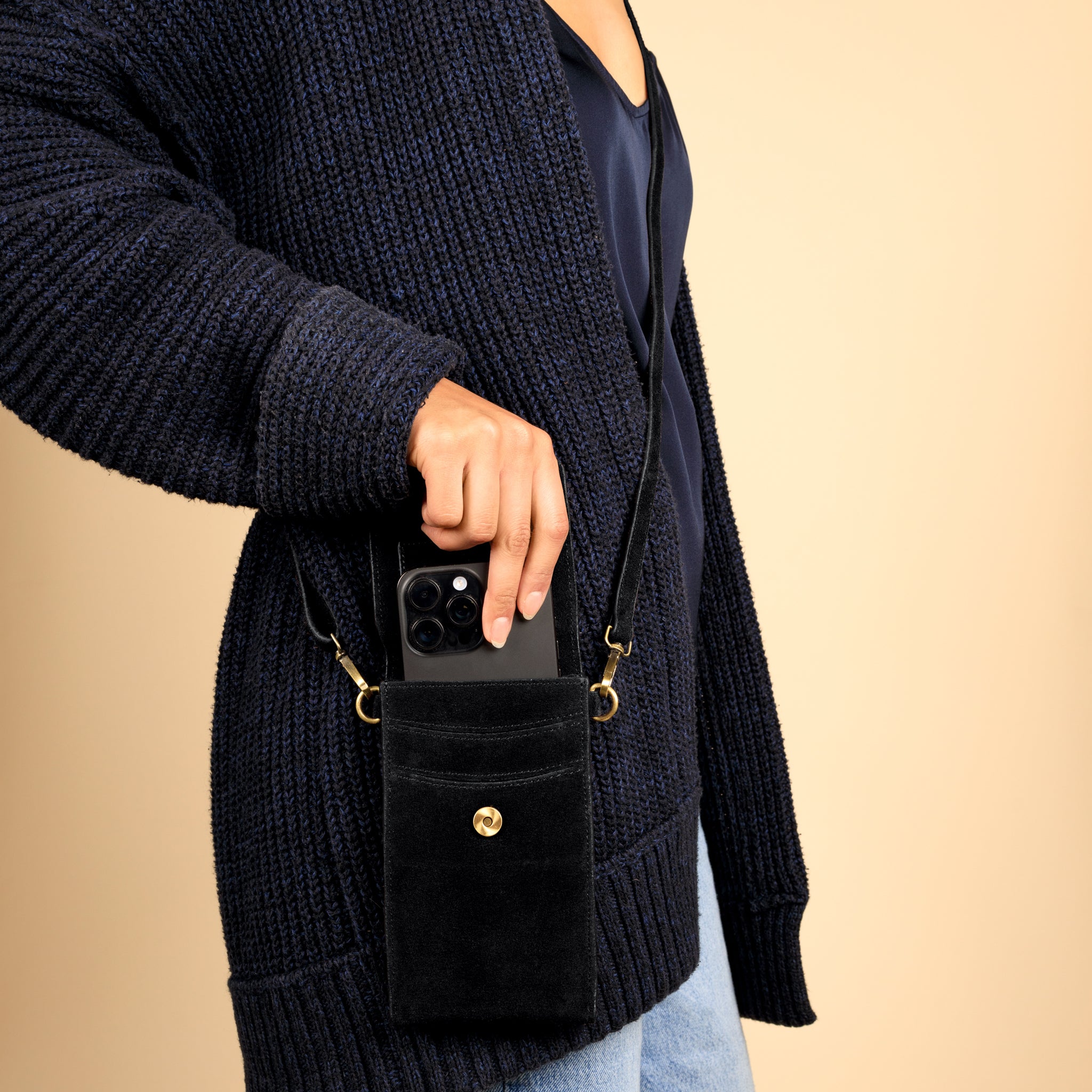 On the Move Leather Phone Bag in Black Suede | Available to Ship November 14, 2025
