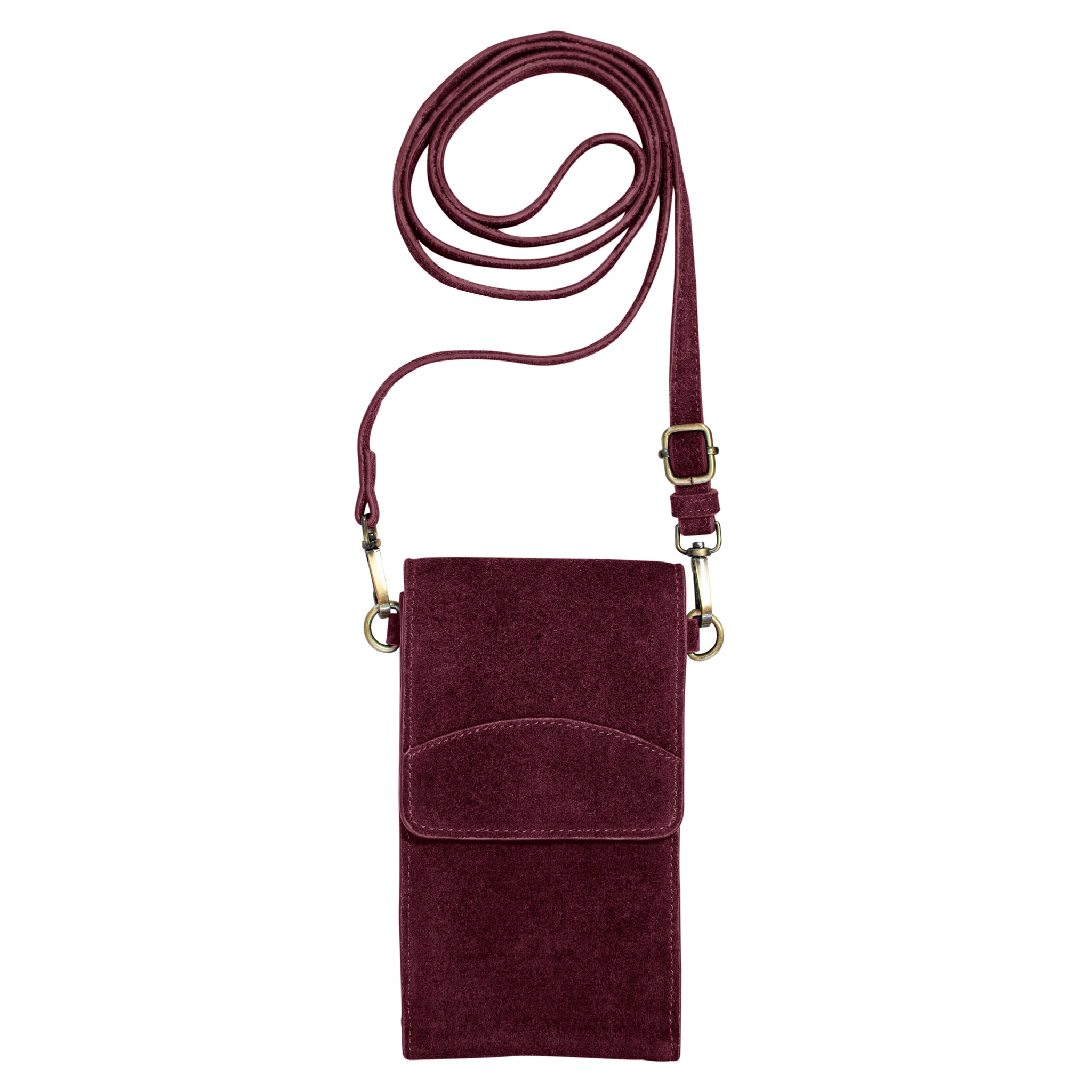 On the Move Leather Phone Bag in Pinot Red Suede | Available to Ship November 14, 2025