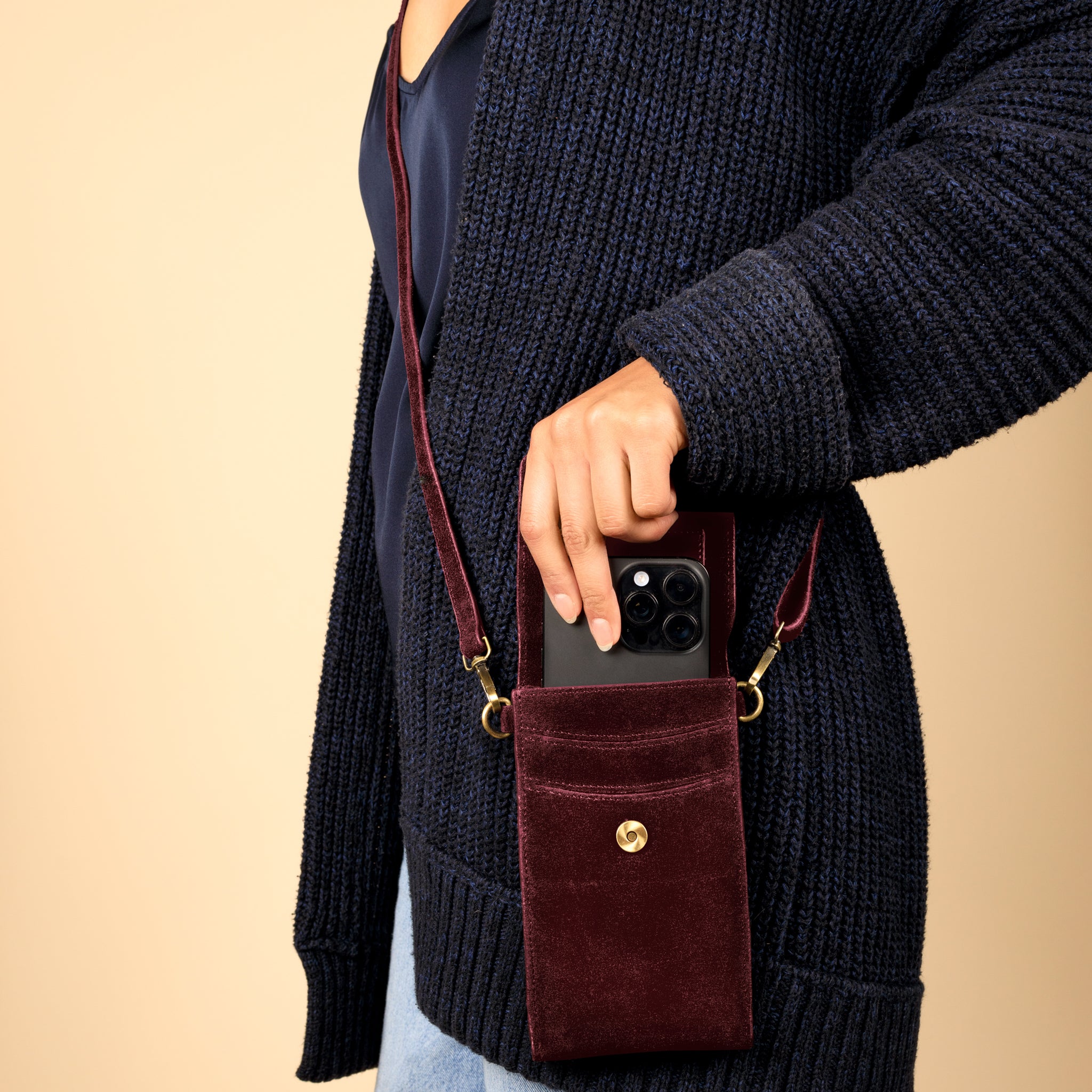 On the Move Leather Phone Bag in Pinot Red Suede | Available to Ship November 14, 2025