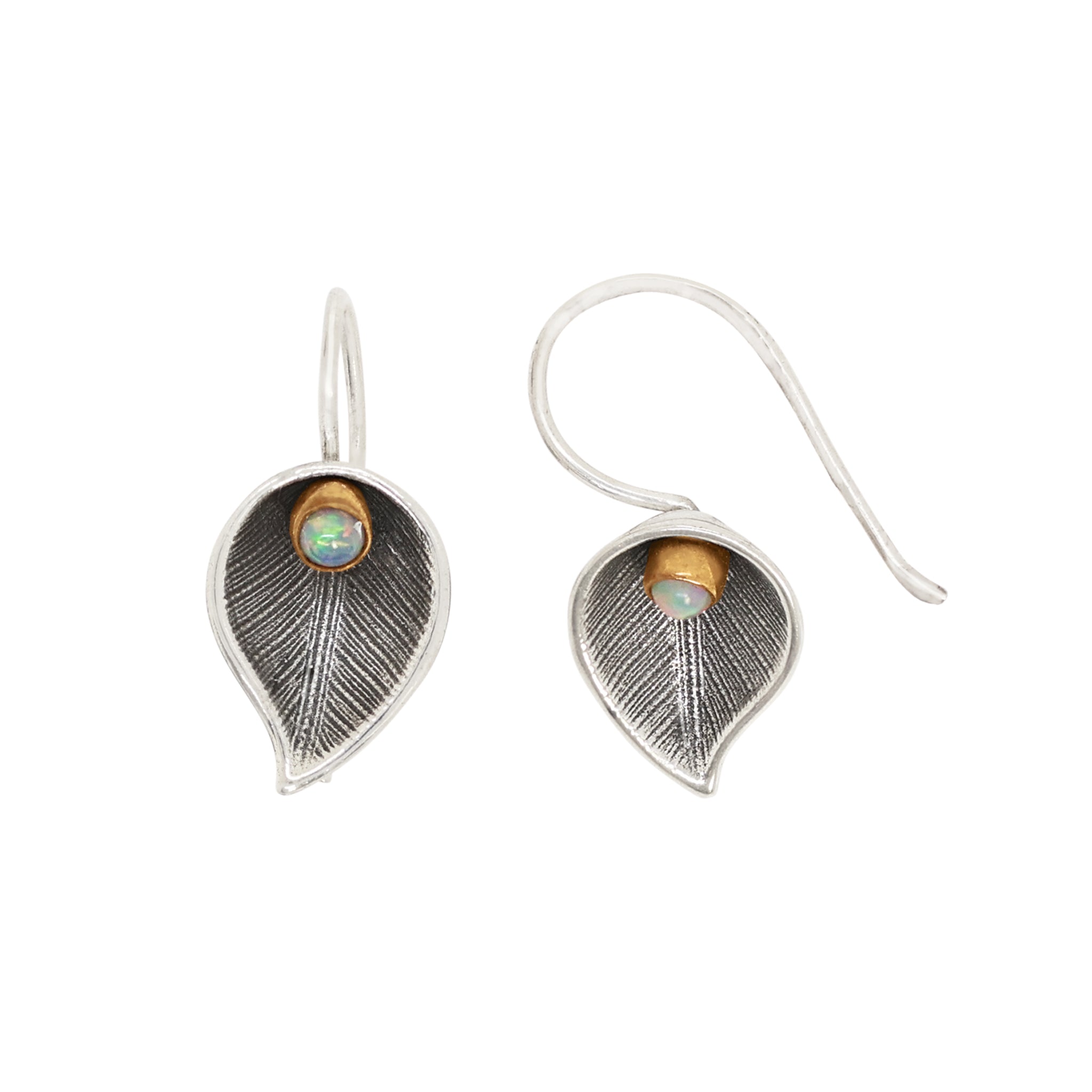 silver leaf peace lily Peace Lily Earrings in Opal & Antiqued Silver