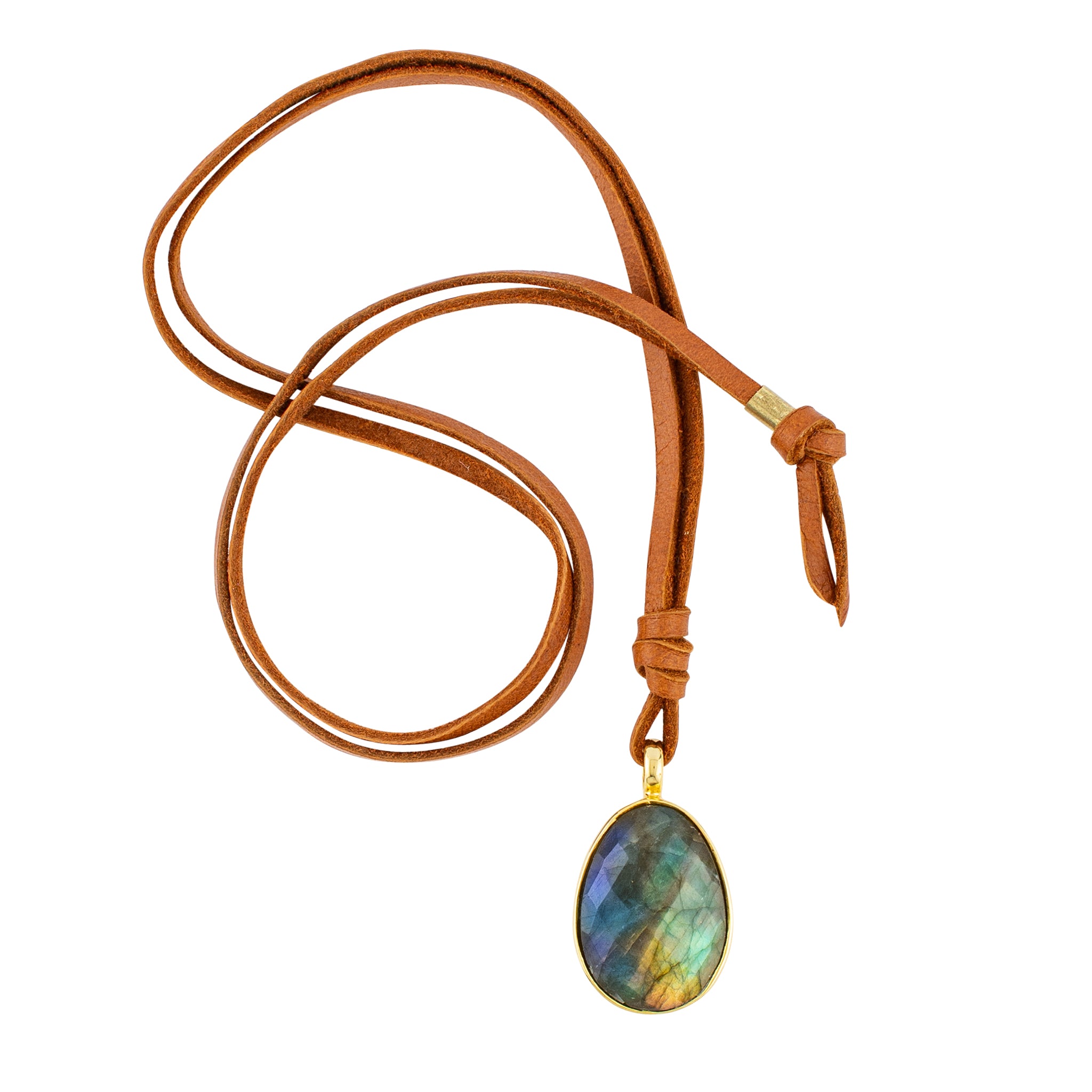 Leather & Stone Necklace in Labradorite & Gold