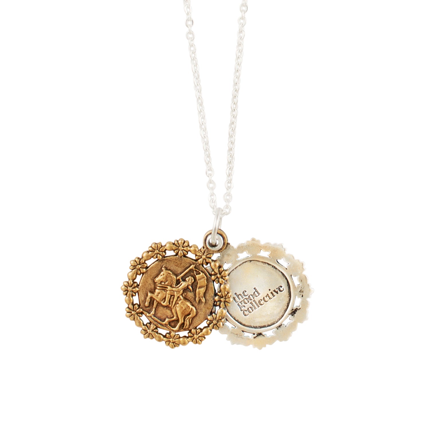 Joan of Arc Sliding Locket Necklace in Bronze with Silver Flash Plate