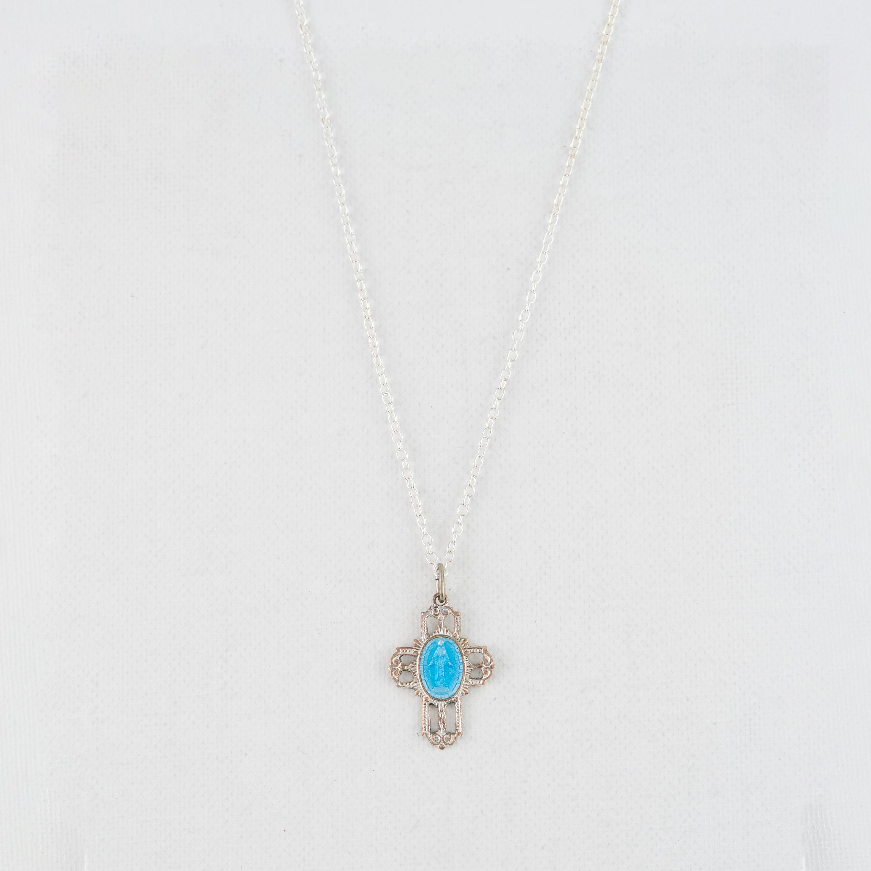 Vintage Medal Miraculous Mary Blue Enamel v25