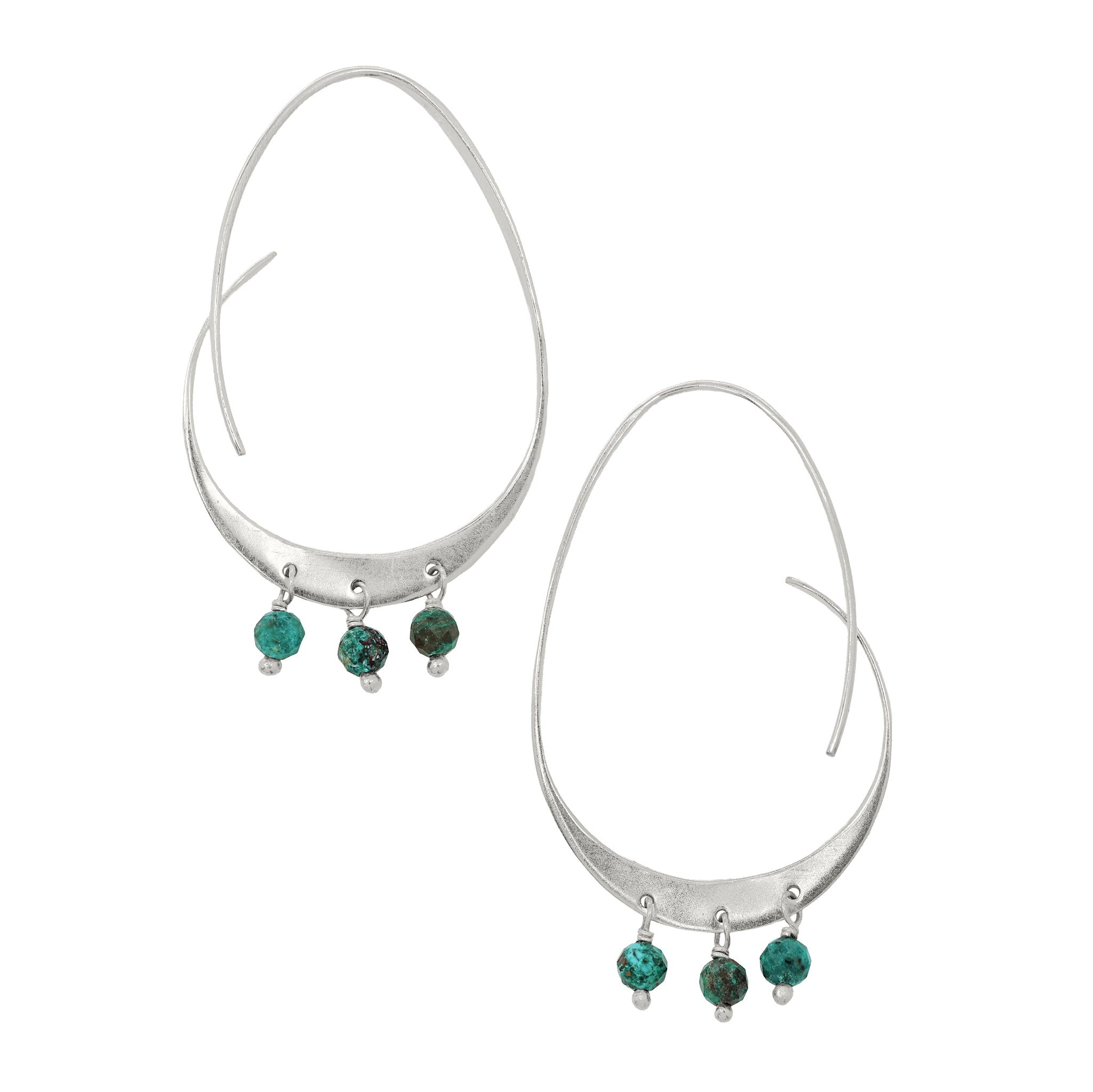 Stony Abstract Arc Hoops in Turquoise & Silver - 1 5/8" L
