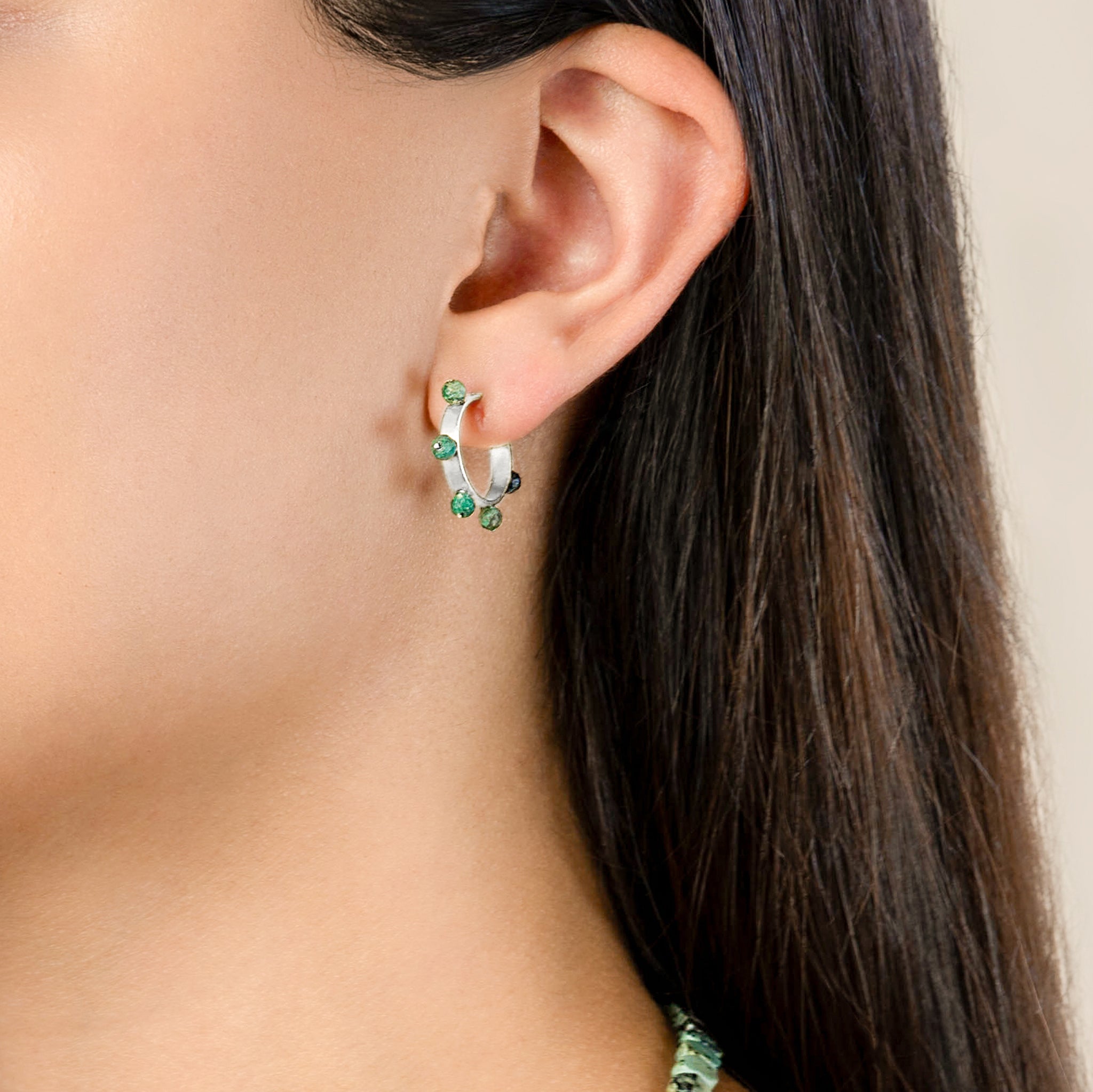 Stone Studded Post Hoops in Turquoise & Silver