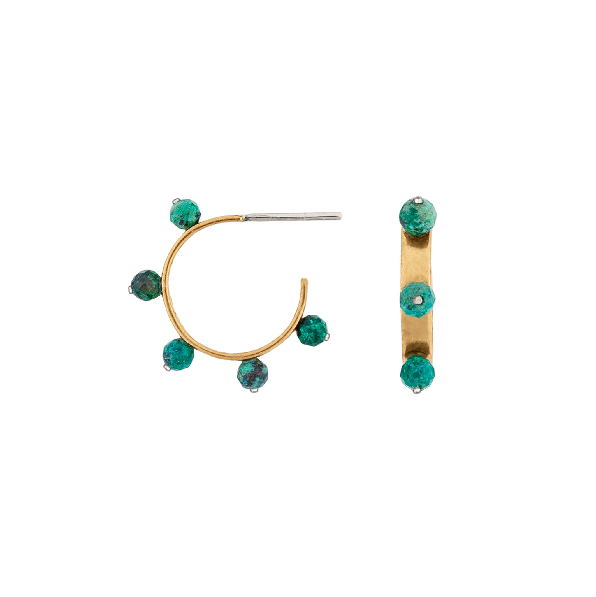 Stone Studded Post Hoops in Turquoise - Bronze & Silver